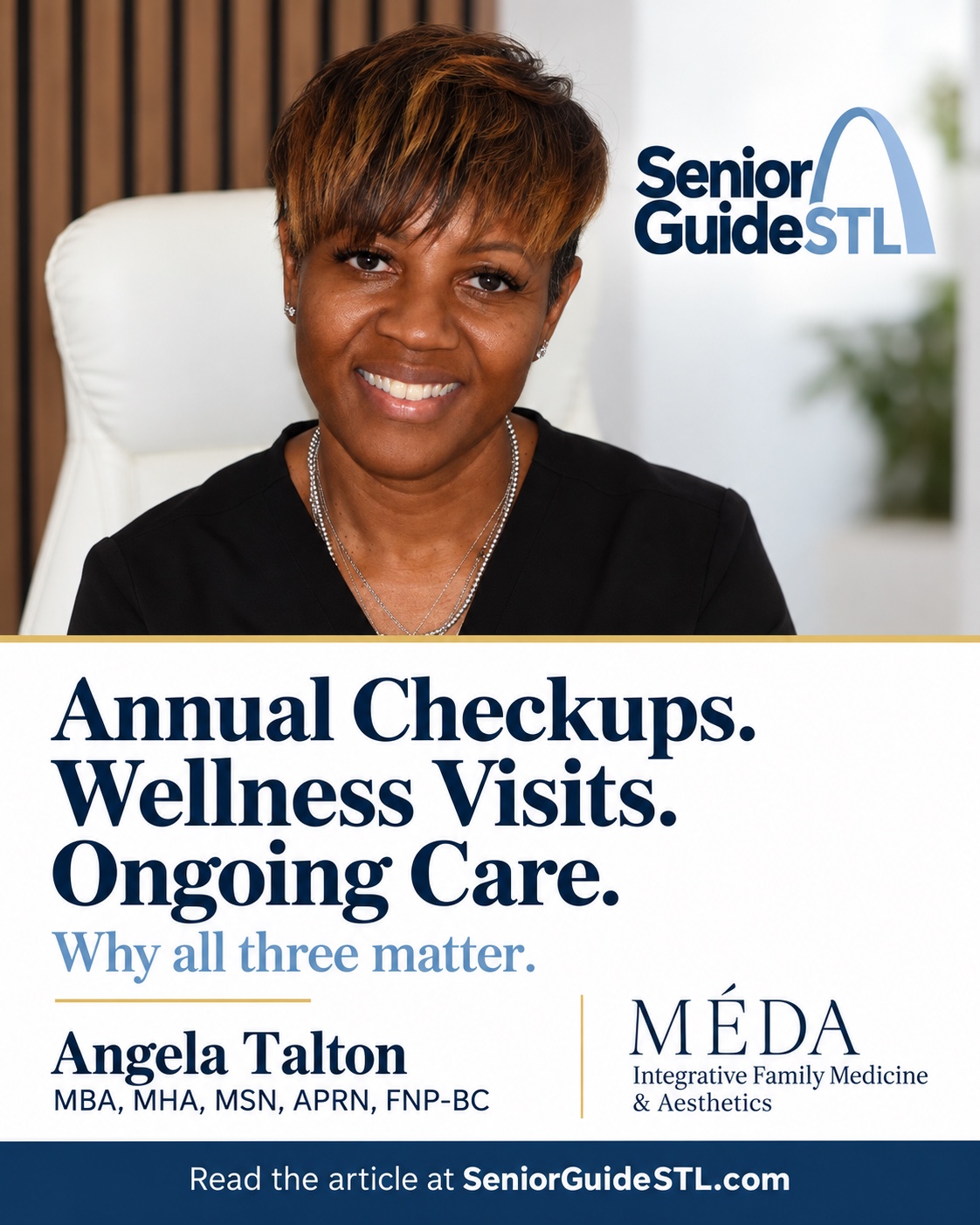 Senior Guide STL article graphic featuring Angela Talton with the headline Annual Checkups, Wellness Visits, Ongoing Care.