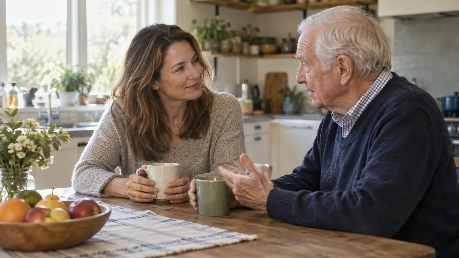 An adult daughter and her older father sharing a relaxed conversation at home.