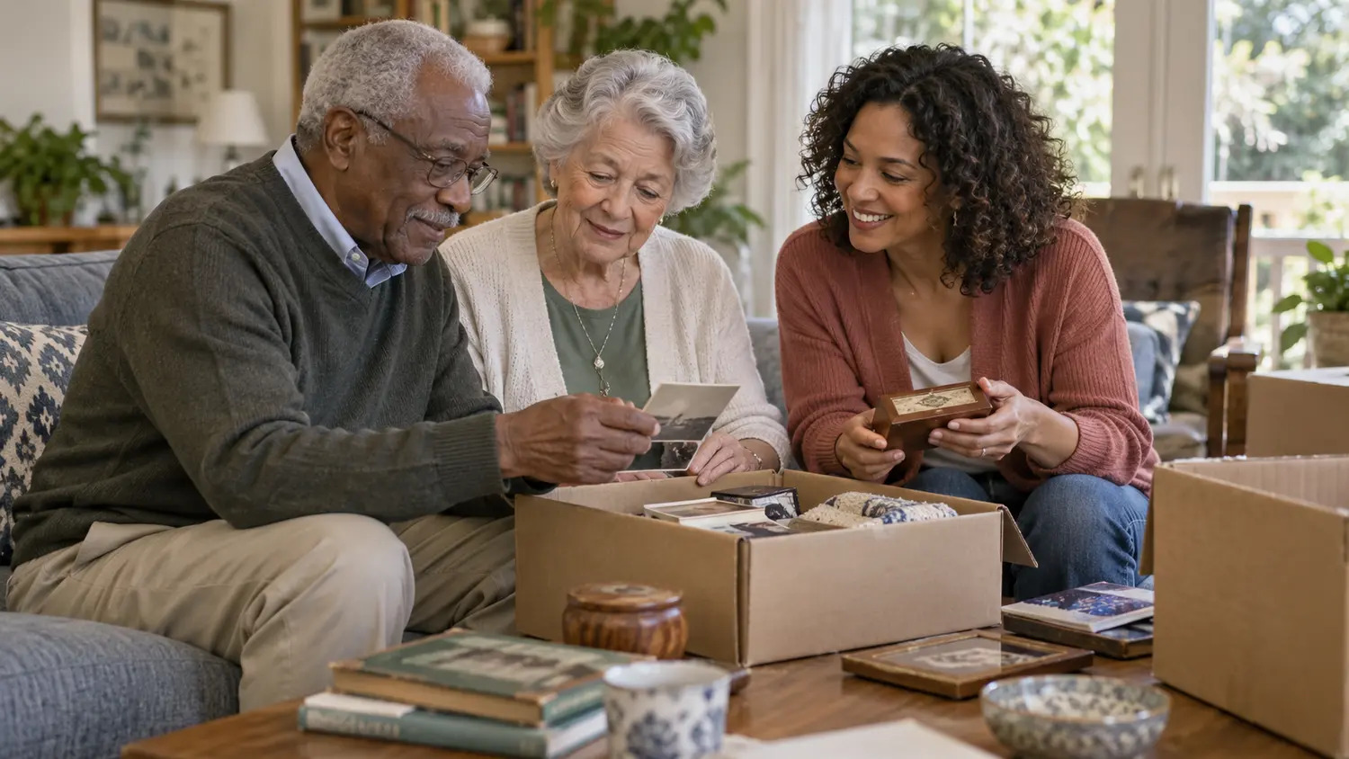 An older couple and their adult daughter sorting keepsakes beside moving boxes.