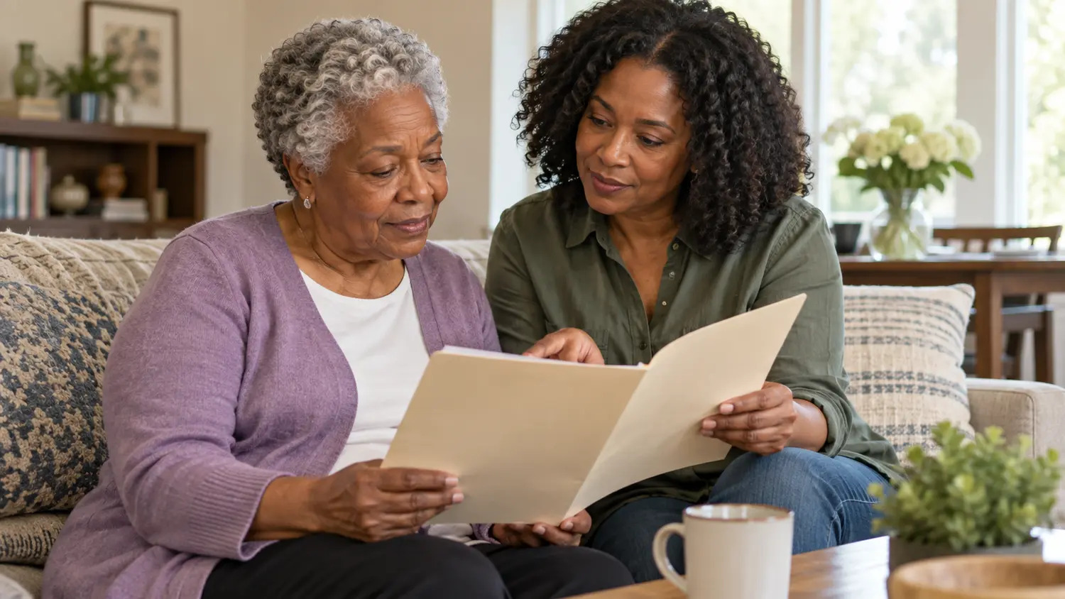 An older woman and her adult daughter organizing a folder together at home.