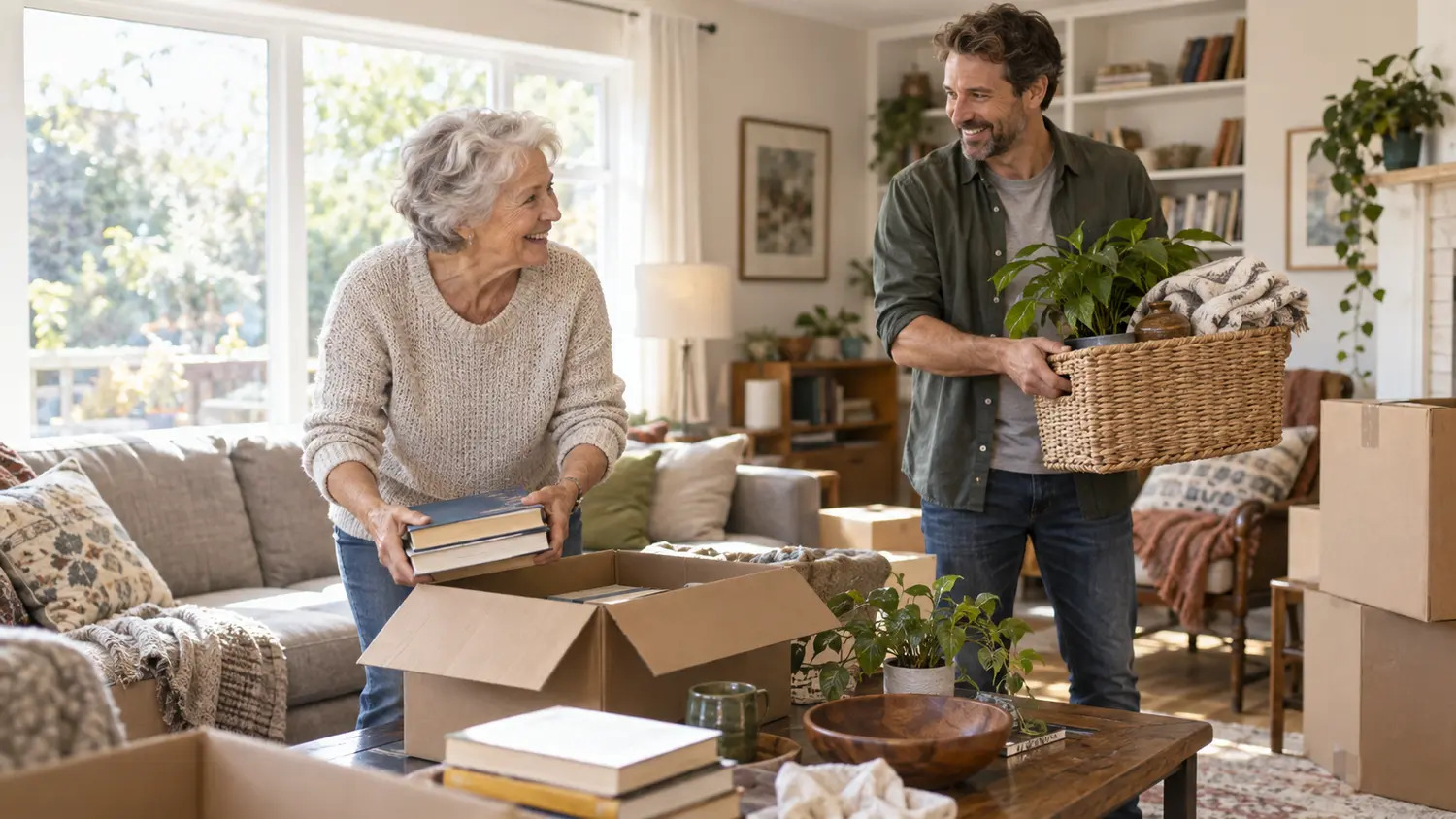 An older woman and her adult son preparing a living room for a move.