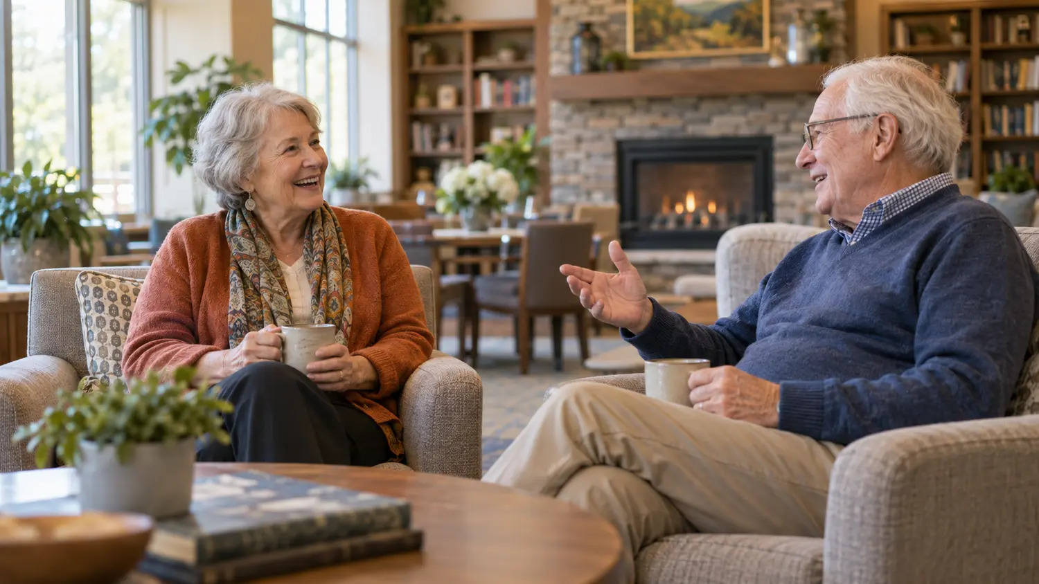 Two older adults chatting in a welcoming community lounge.