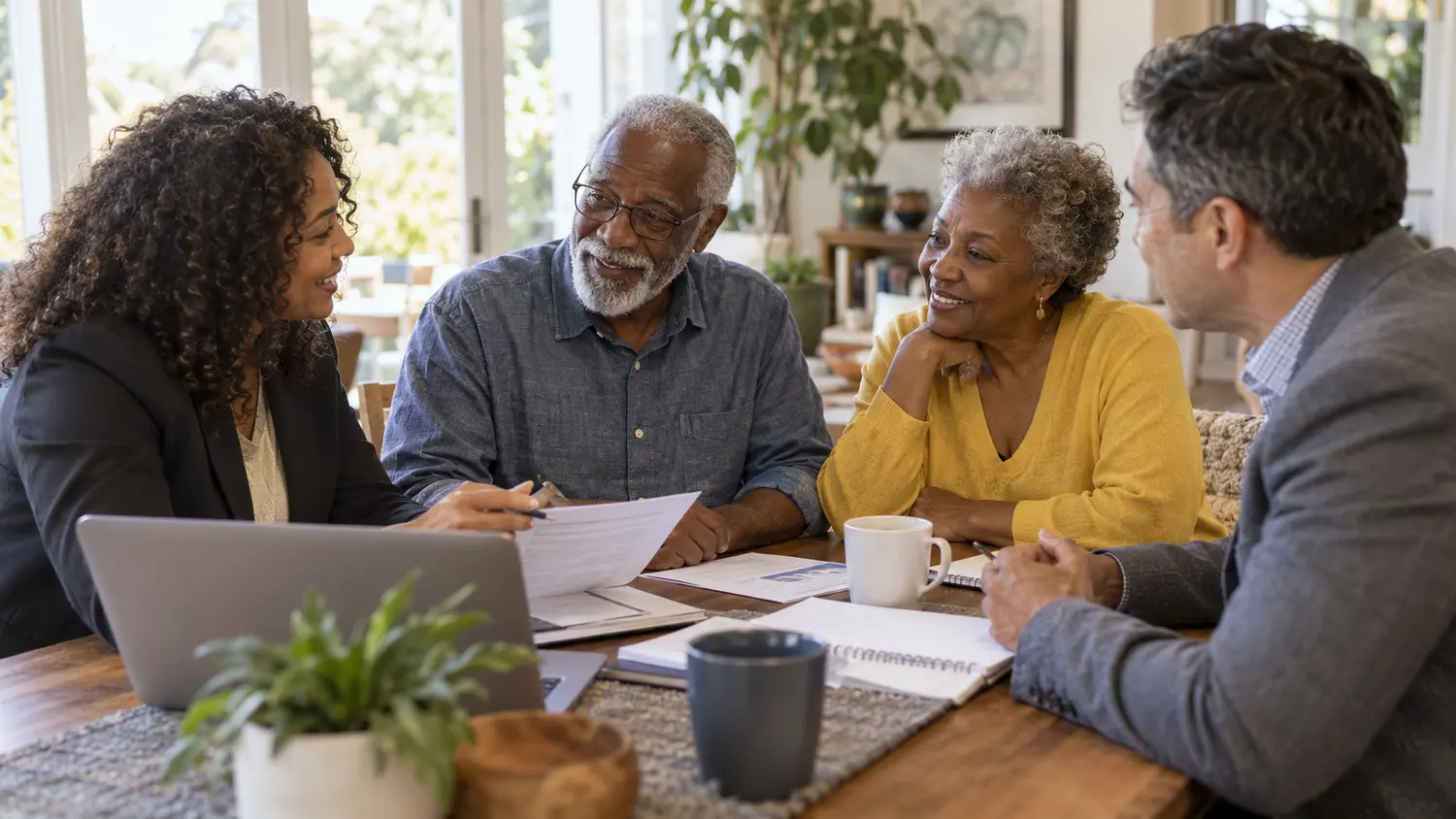 An older couple discussing plans around a table with two advisors.